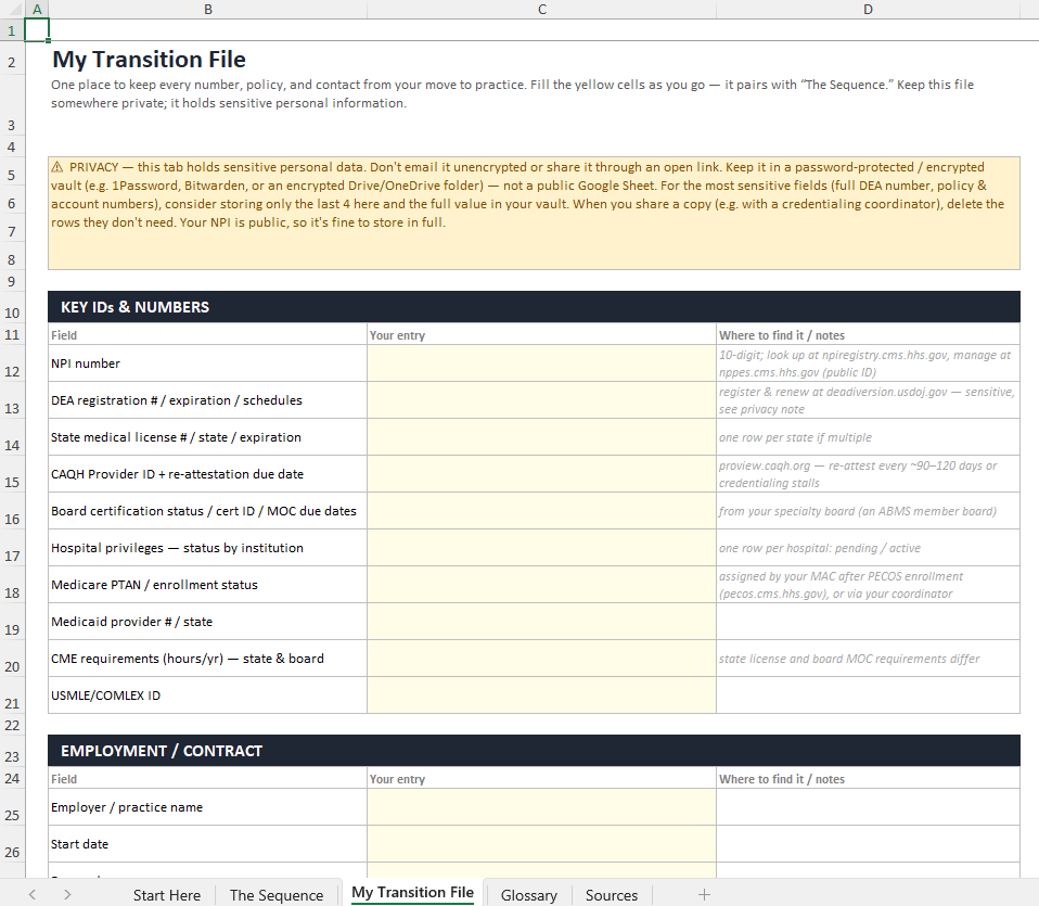 The My Transition File tab: a fillable vault for your NPI, DEA, license, CAQH, contract, and key contacts